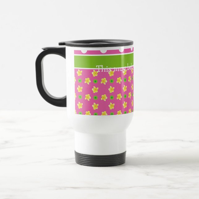 Primroses Travel Mug: Personalize Pink Polka Dots Mug (Left)