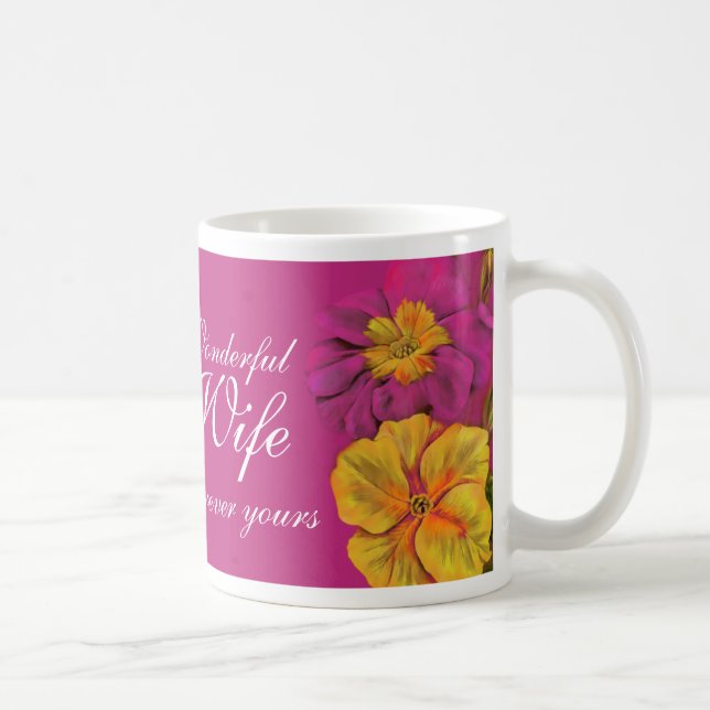 Primula floral art Wonderful Wife mauve mug (Right)