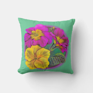 Primula green, yellow & pink fine art throw pillow