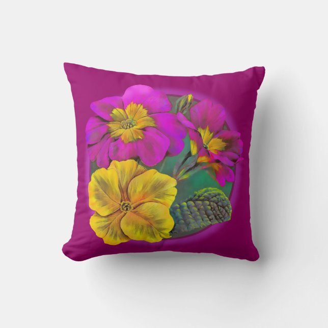 Primula purple & yellow fine art throw pillow (Front)