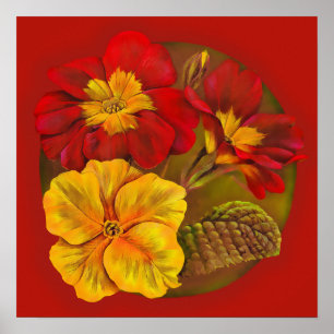 Primula red & yellow fine art botanical poster