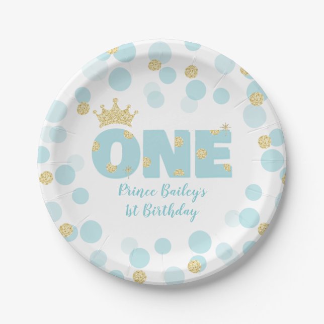 Prince 1st Birthday Blue Gold Paper Plate (Front)