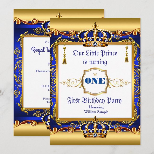 Prince 1st Birthday Blue Ornate Gold Invitation (Front/Back)