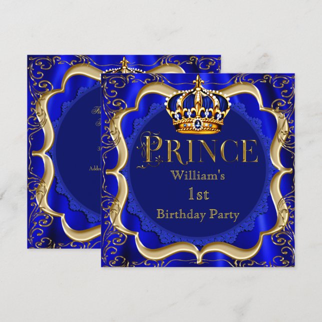 Prince 1st Birthday Boy Royal Blue Gold Crown A Invitation (Front/Back)