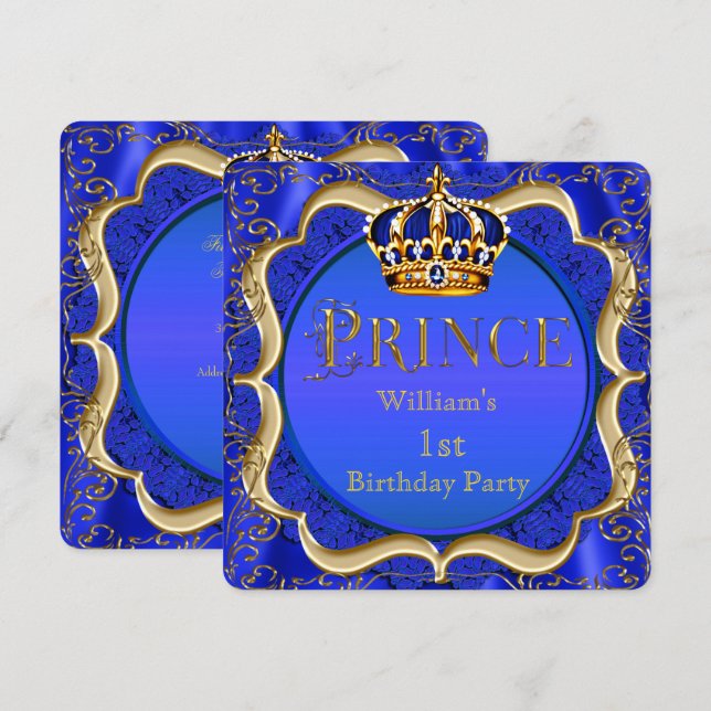 Prince 1st Birthday Boy Royal Blue Gold Crown A Invitation (Front/Back)