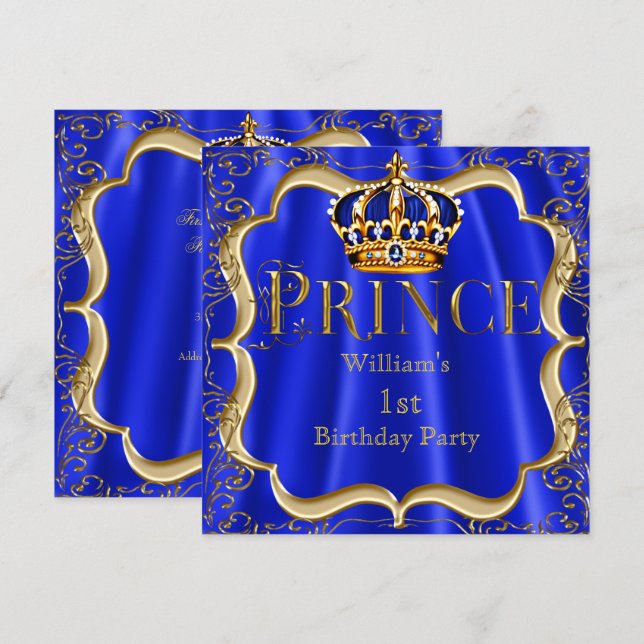 Prince 1st Birthday Boy Royal Blue Gold Crown B Invitation (Front/Back)