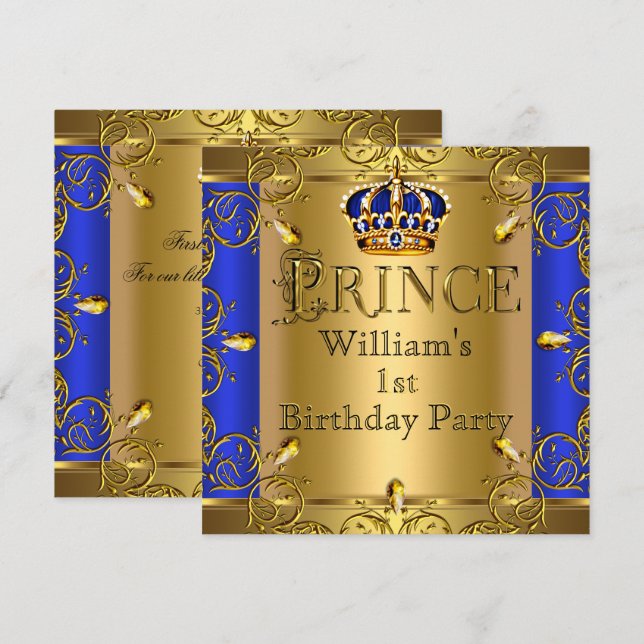 Prince 1st Birthday Boy Royal Blue Gold Crown Invitation (Front/Back)