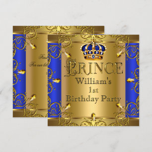 Prince 1st Birthday Boy Royal Blue Gold Crown Invitation