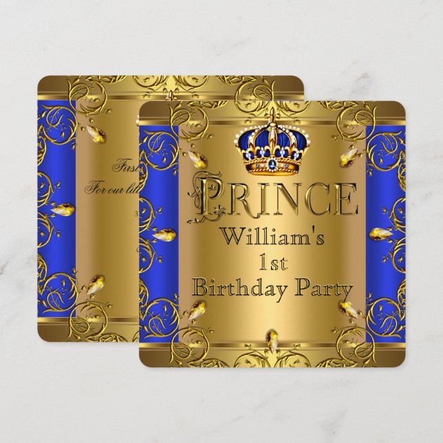 Prince 1st Birthday Boy Royal Blue Gold Crown Invitation (Front/Back)