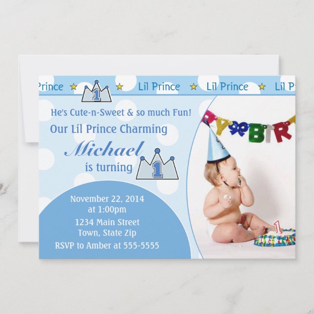 Prince 1st Birthday Invitation 5x7 Photo Card (Front)