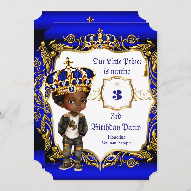Prince 3rd Birthday party Blue Gold Crown Ethnic Invitation (Front/Back)