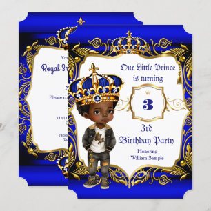 Prince 3rd Birthday party Blue Gold Crown Ethnic Invitation