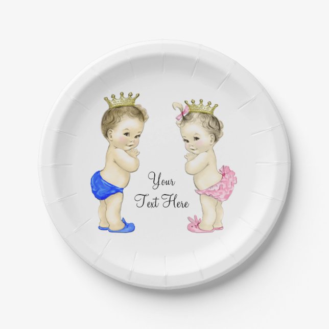 Prince and Princess Boy and Girl Twin Baby Paper Plate (Front)
