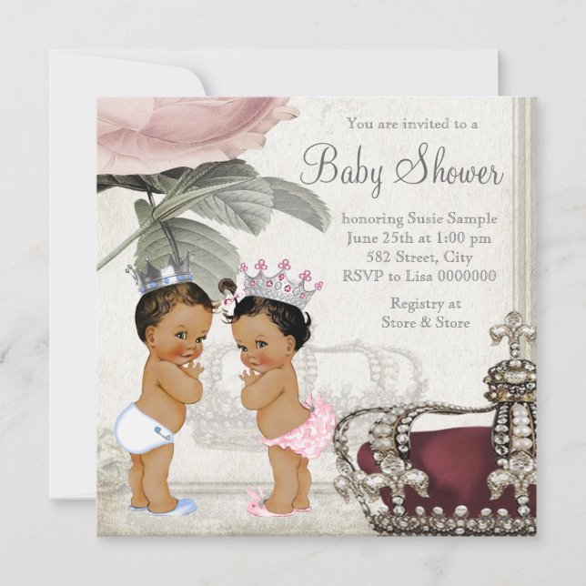 Prince and Princess Ethnic Twin Baby Shower Invitation (Front)