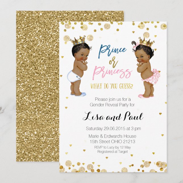 Prince and princess Gender Reveal invite Gold (Front/Back)