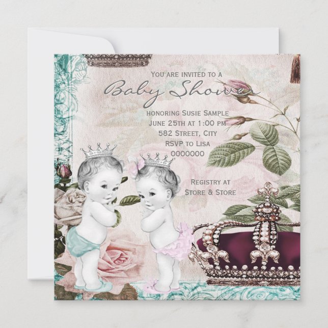 Prince and Princess Twin Baby Shower Invitation (Front)