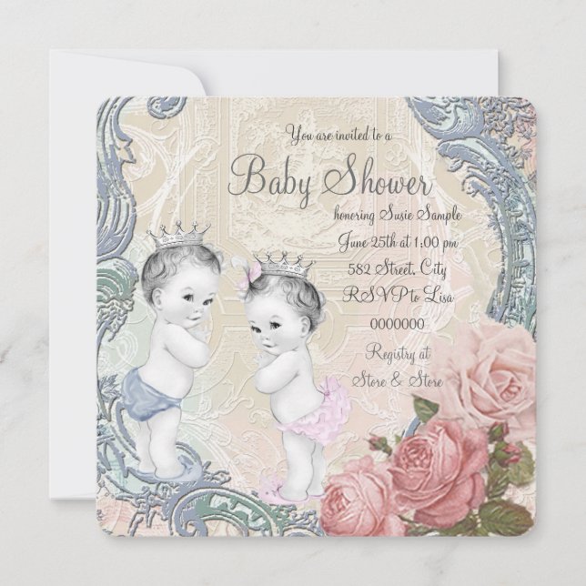 Prince and Princess Twin Baby Shower Invitation (Front)
