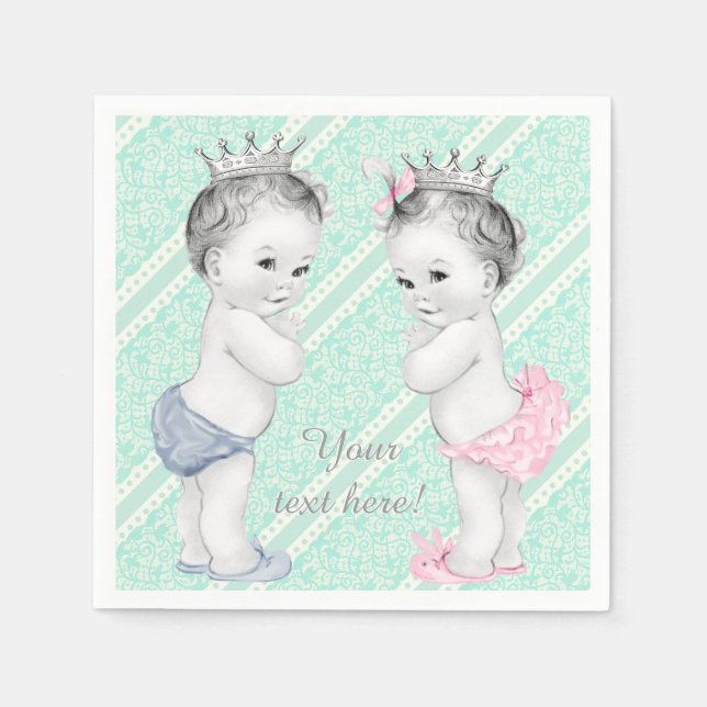 Prince and Princess Twin Baby Shower Napkin (Front)