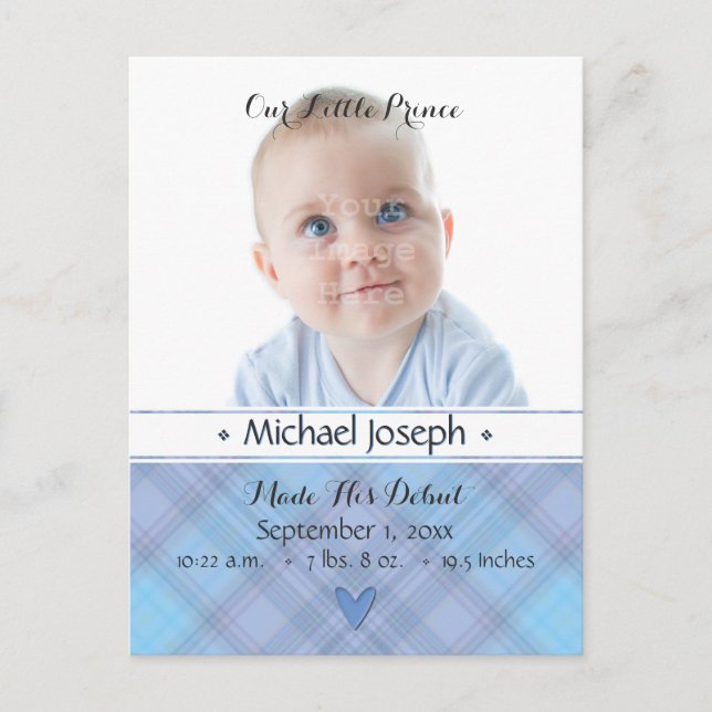 Prince Baby Blue Boy Plaid Birth Announcement Postcard (Front)