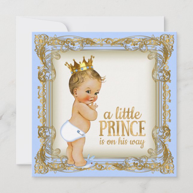 Prince Baby Shower Baby Blue Gold Prince Invitation (Front)