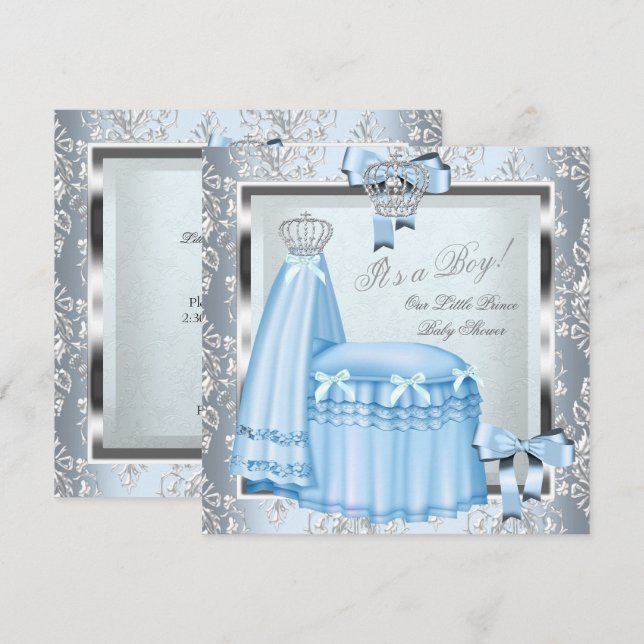 Prince Baby Shower Baby Boy Blue Damask Crown 4F Invitation (Front/Back)