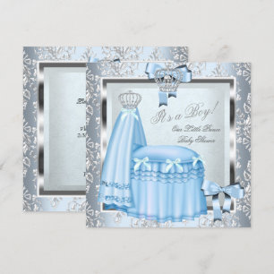 Prince Baby Shower Baby Boy Blue Damask Crown 4F Invitation