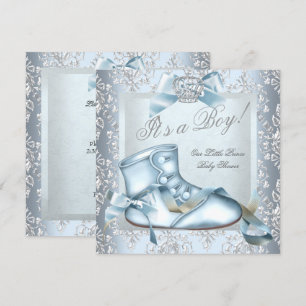 Prince Baby Shower Baby Boy Blue Damask Shoe 4E Invitation