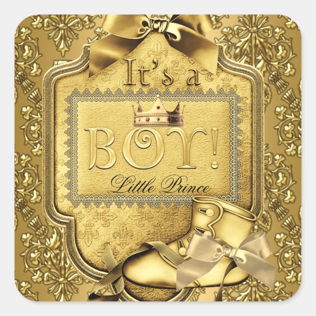 Prince Baby Shower Baby Boy Elite Damask Gold Square Sticker (Front)