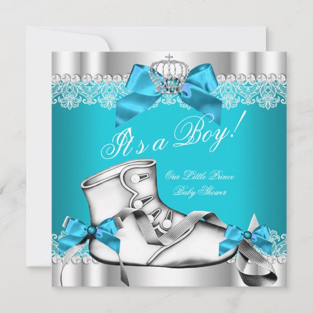 Prince Baby Shower Baby Boy Teal Lace Shoe 6D Invitation (Front)