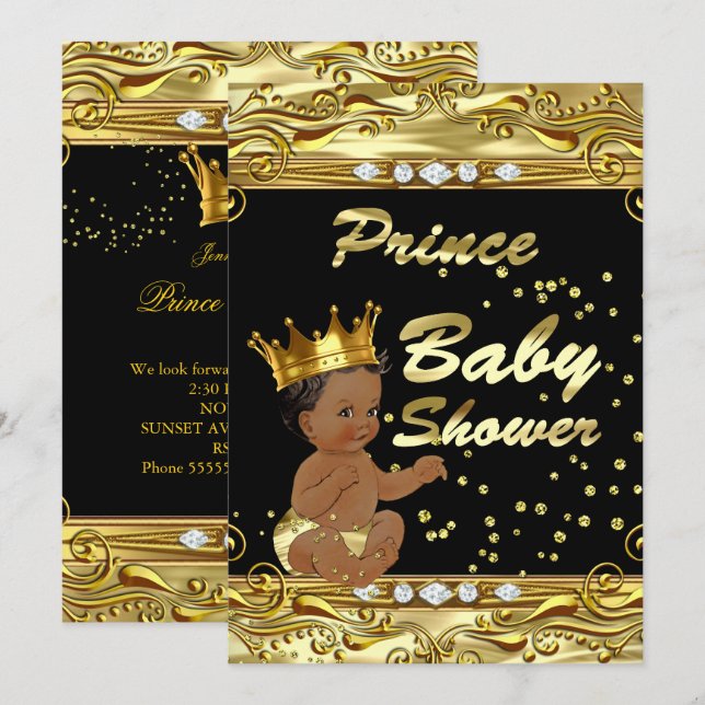 Prince Baby Shower Black Gold Sprinkle Ethnic Invitation (Front/Back)