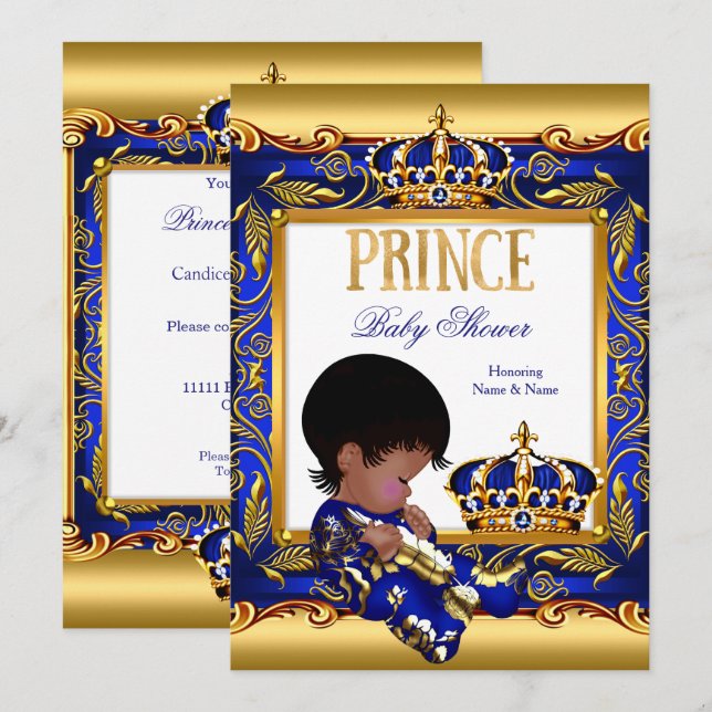 Prince Baby Shower Blue Gold African American Foil Invitation (Front/Back)