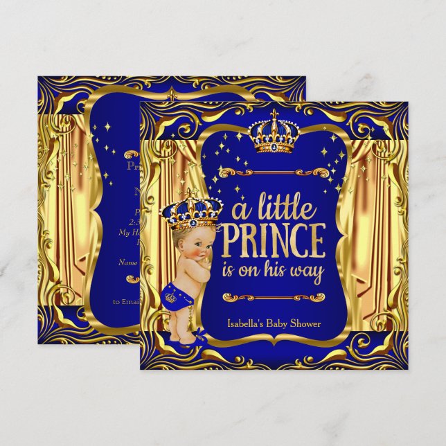 Prince Baby Shower Blue Gold Blonde Invite (Front/Back)