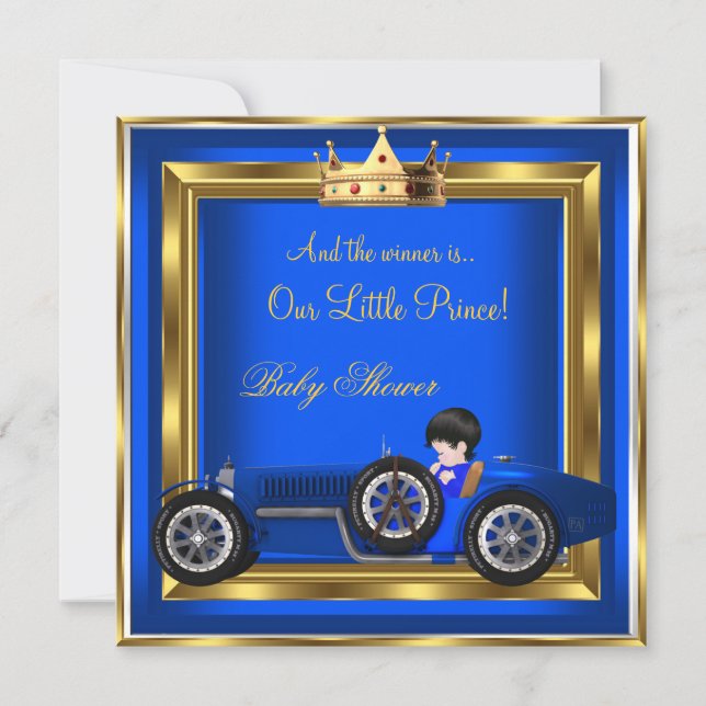 Prince Baby Shower Blue Gold Boy Racing Car Invitation (Front)