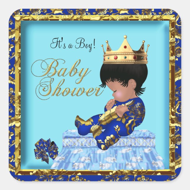 Prince Baby Shower Blue Gold Boy Square Sticker (Front)