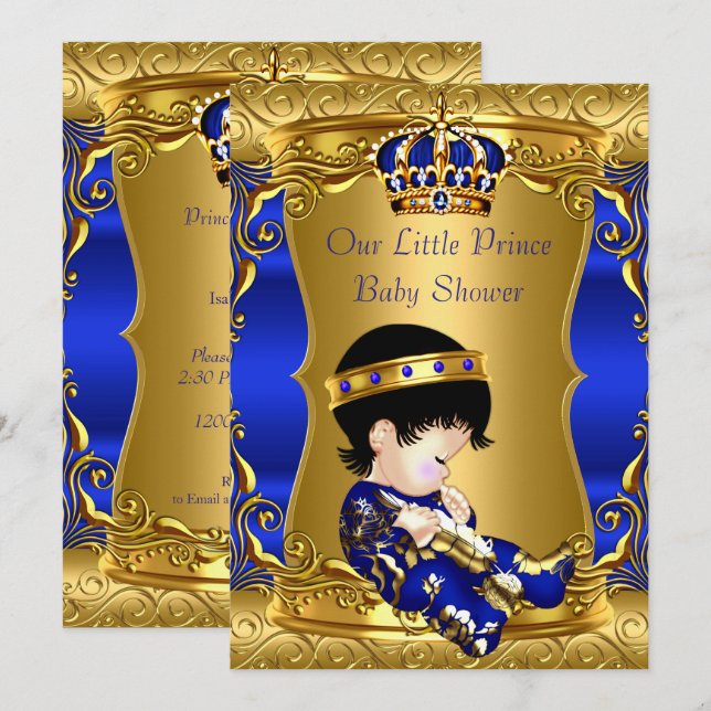 Prince Baby Shower Blue Gold Brunette Baby Boy Invitation (Front/Back)