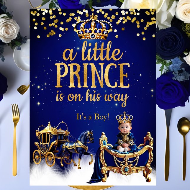 Prince Baby Shower Blue Gold Carriage Glitter Invitation (Creator Uploaded)