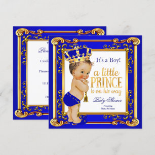 Prince Baby Shower Blue Gold Crown Brunette Boy Invitation