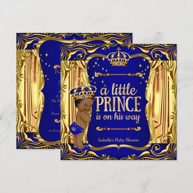 Prince Baby Shower Blue Gold Ethnic Boy Invite (Front/Back)