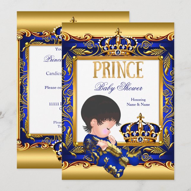 Prince Baby Shower Blue Gold Foil Boy Invitation (Front/Back)