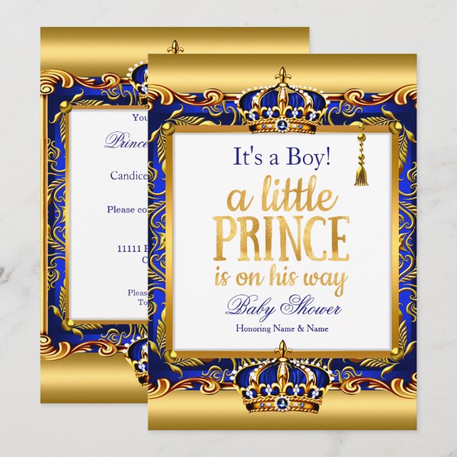 Prince Baby Shower Blue Ornate Gold Boy Invitation (Front/Back)