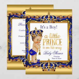 Prince Baby Shower Blue Ornate Gold Brunette Boy Invitation