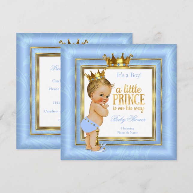 Prince Baby Shower Blue White Gold Crown Blonde Invitation (Front/Back)
