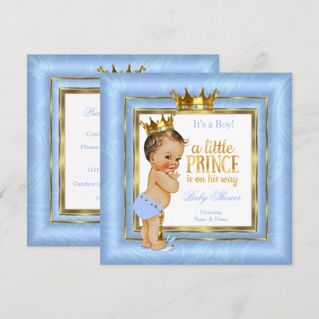 Prince Baby Shower Blue White Gold Crown Brunette Invitation (Front/Back)