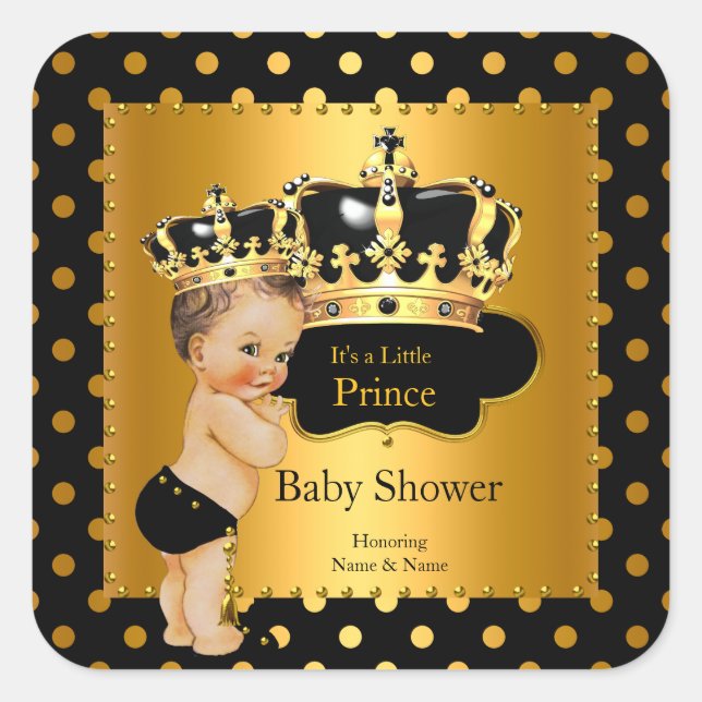 Prince Baby Shower Boy Black Gold Brunette Square Sticker (Front)