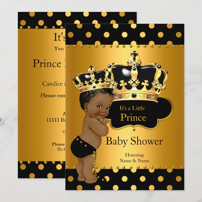 Prince Baby Shower Boy Black Gold Ethnic Invitation (Front/Back)