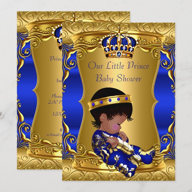 Prince Baby Shower Boy Blue Gold African American Invitation (Front/Back)