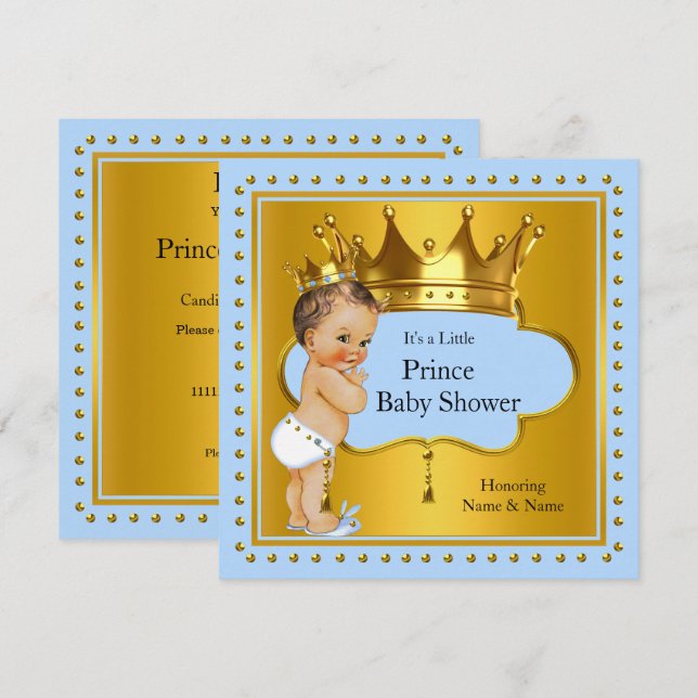 Prince Baby Shower Boy Blue Gold Crown Brunette Invitation (Front/Back)