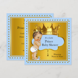 Prince Baby Shower Boy Blue Gold Crown Brunette Invitation