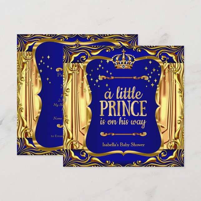Prince Baby Shower Boy Blue Gold Invitation (Front/Back)