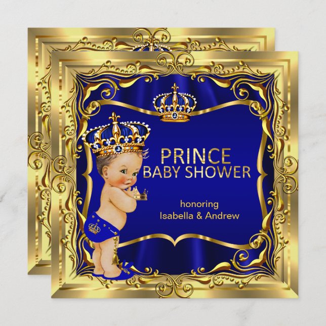 Prince Baby Shower Boy Blue Gold Invitation (Front/Back)